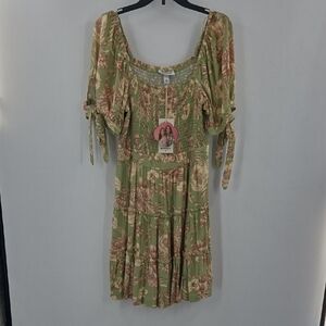 Aguabendita Green and Brown Floral Midi Dress With Pockets NWT